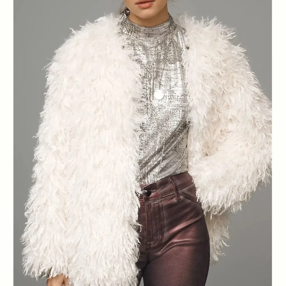 Anthropologie Pilcro Shaggy Faux Fur Cardigan Sweater in Ivory NWOT - Picture 3 of 8